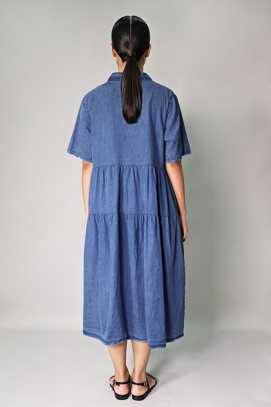Cotton denim maternity and nursing dress with relaxed tiered back