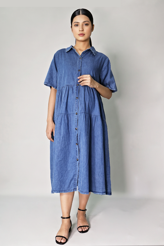 Pregnant woman wearing cotton denim button-down maternity nursing dress