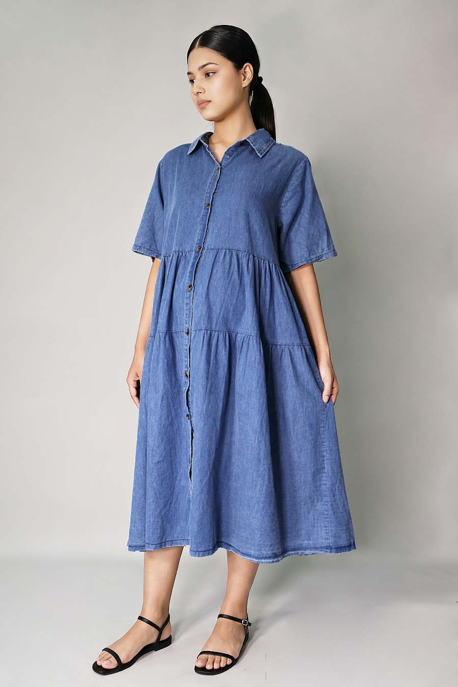cotton denim button-down maternity nursing tiered dress 