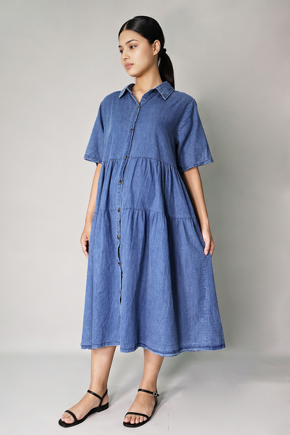 cotton denim button-down maternity nursing tiered dress 