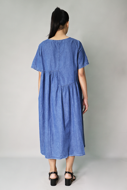Cotton denim gathered maternity dress back view