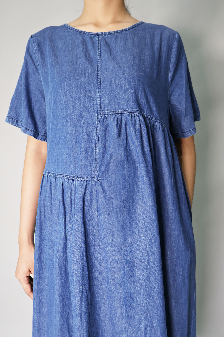 Gathered panel detail on cotton denim maternity dress