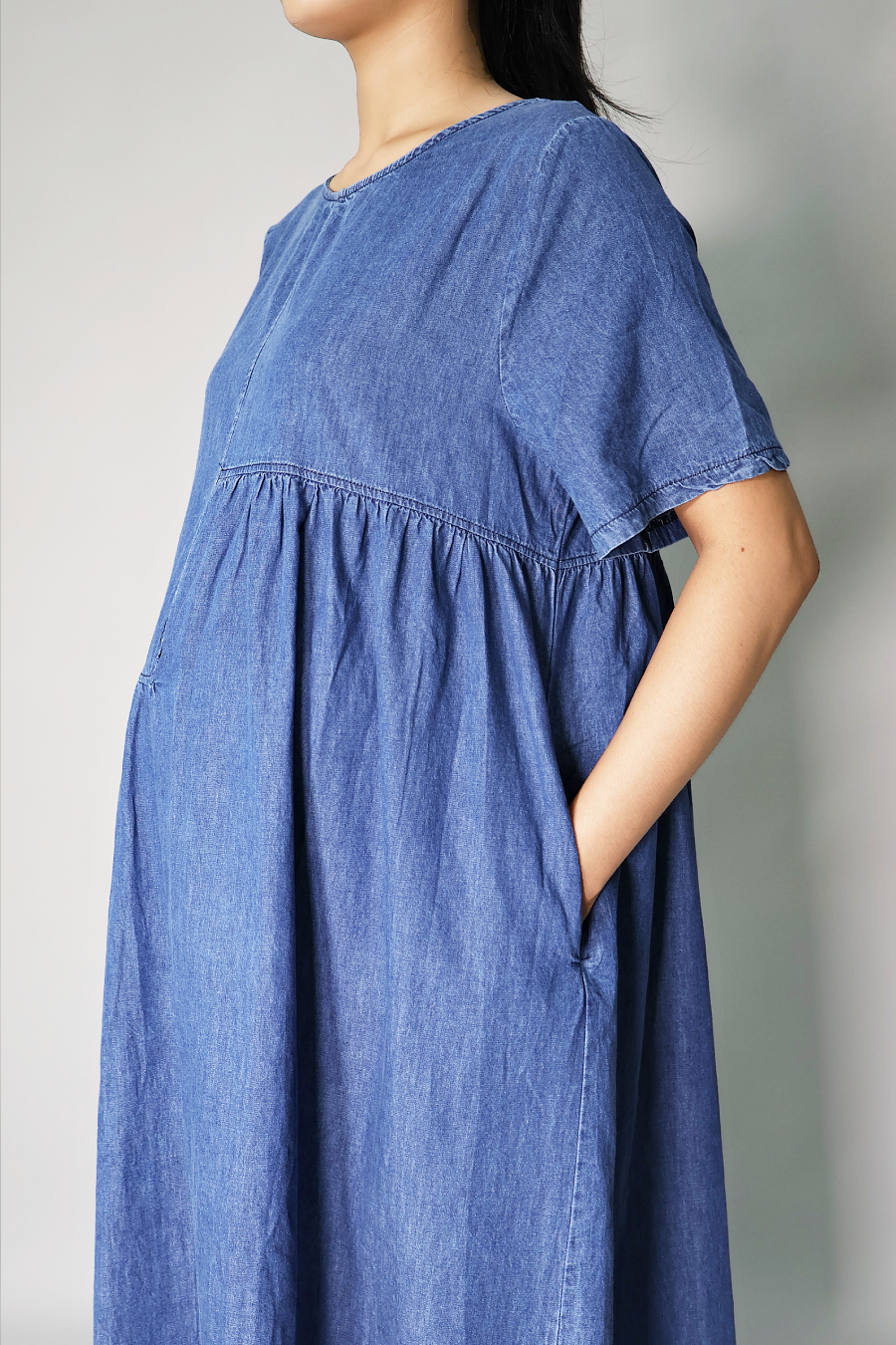 Cotton denim maternity dress with practical side pocket
