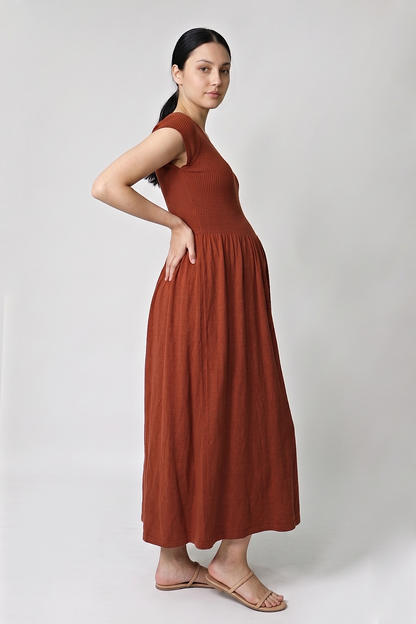 V-Neck Gathered Knit Maternity Maxi Dress