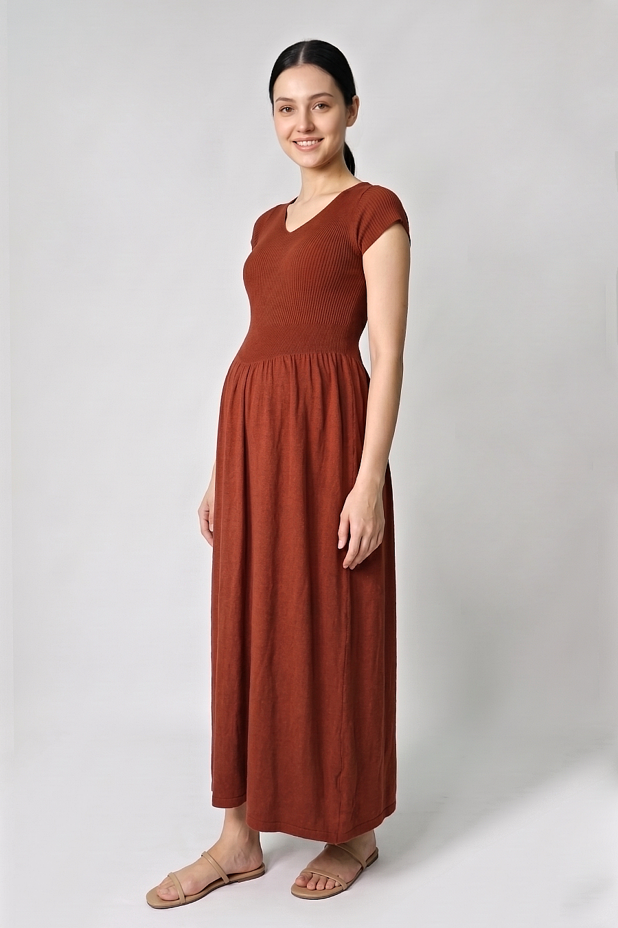 V-Neck Gathered Knit Maternity Maxi Dress