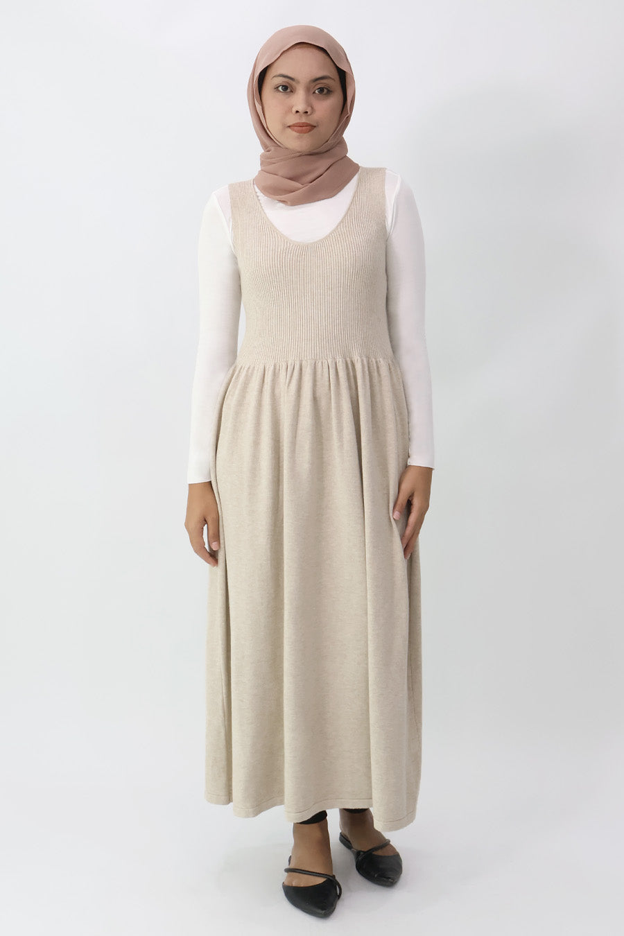 Beige Sleeveless Gathered Knit Dress