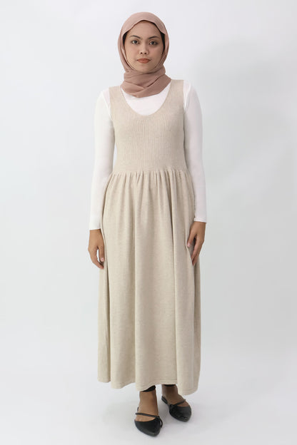 Beige Sleeveless Gathered Knit Dress