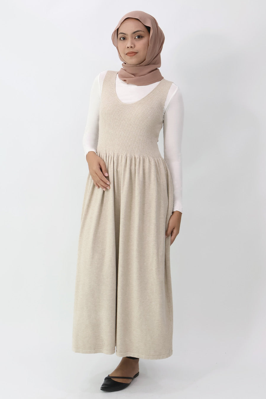 Beige Sleeveless Gathered Knit Dress