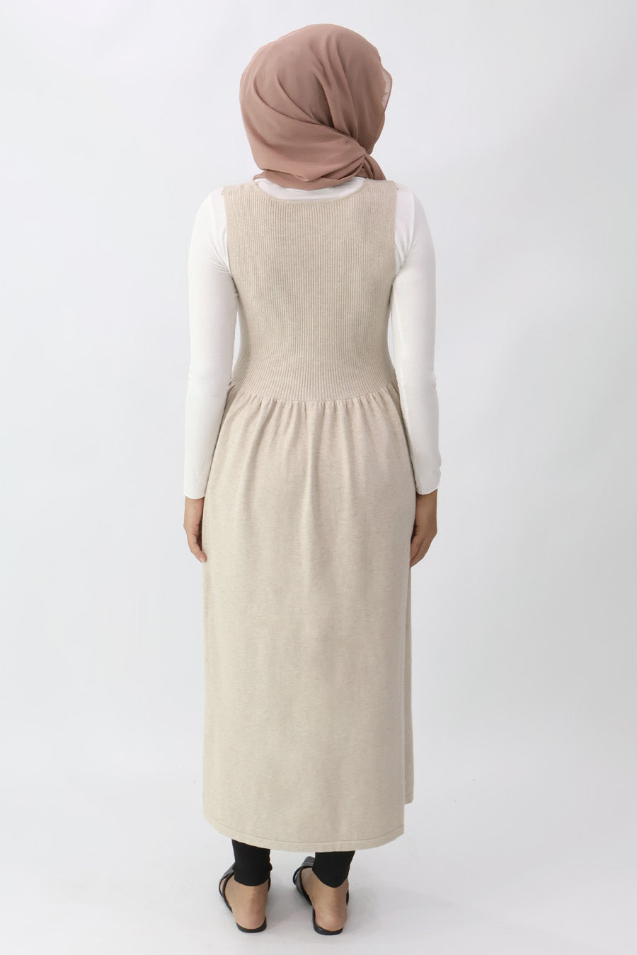 Beige Sleeveless Gathered Knit Dress