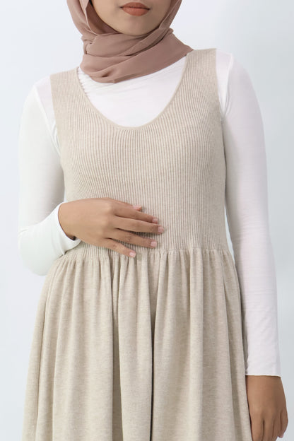 Beige Sleeveless Gathered Knit Dress