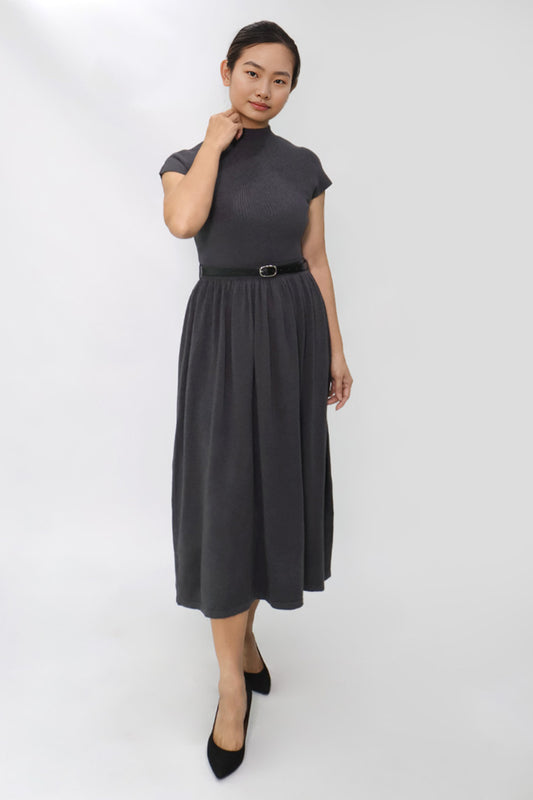 Dark Grey Belted Gathered Knit Dress