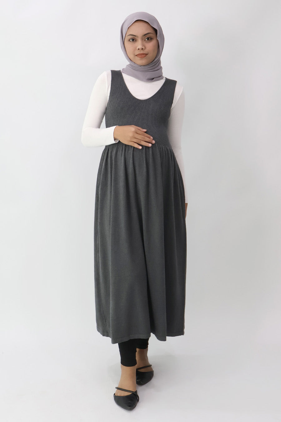 Dark Grey Sleeveless Gathered Knit Dress