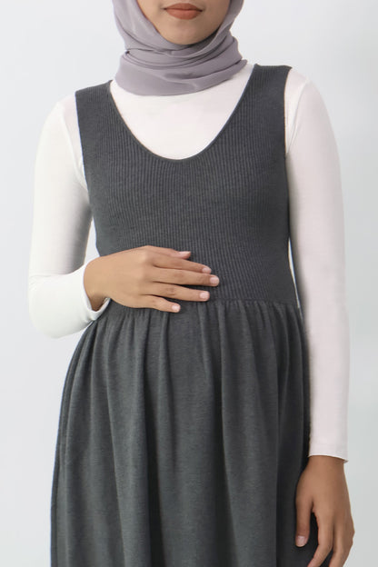 Dark Grey Sleeveless Gathered Knit Dress