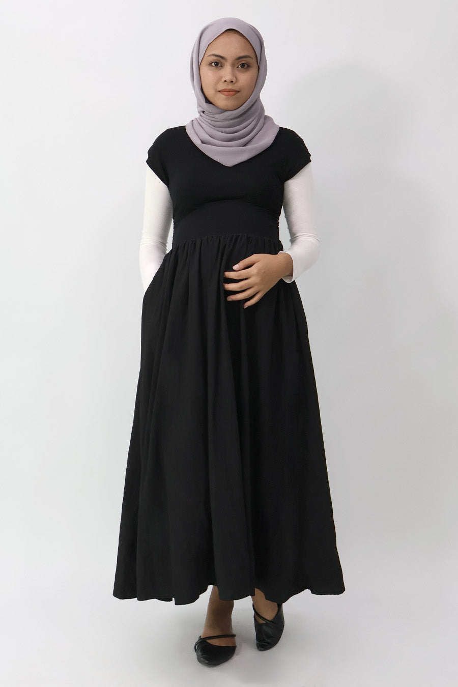 Black Gathered Waist Long Dress