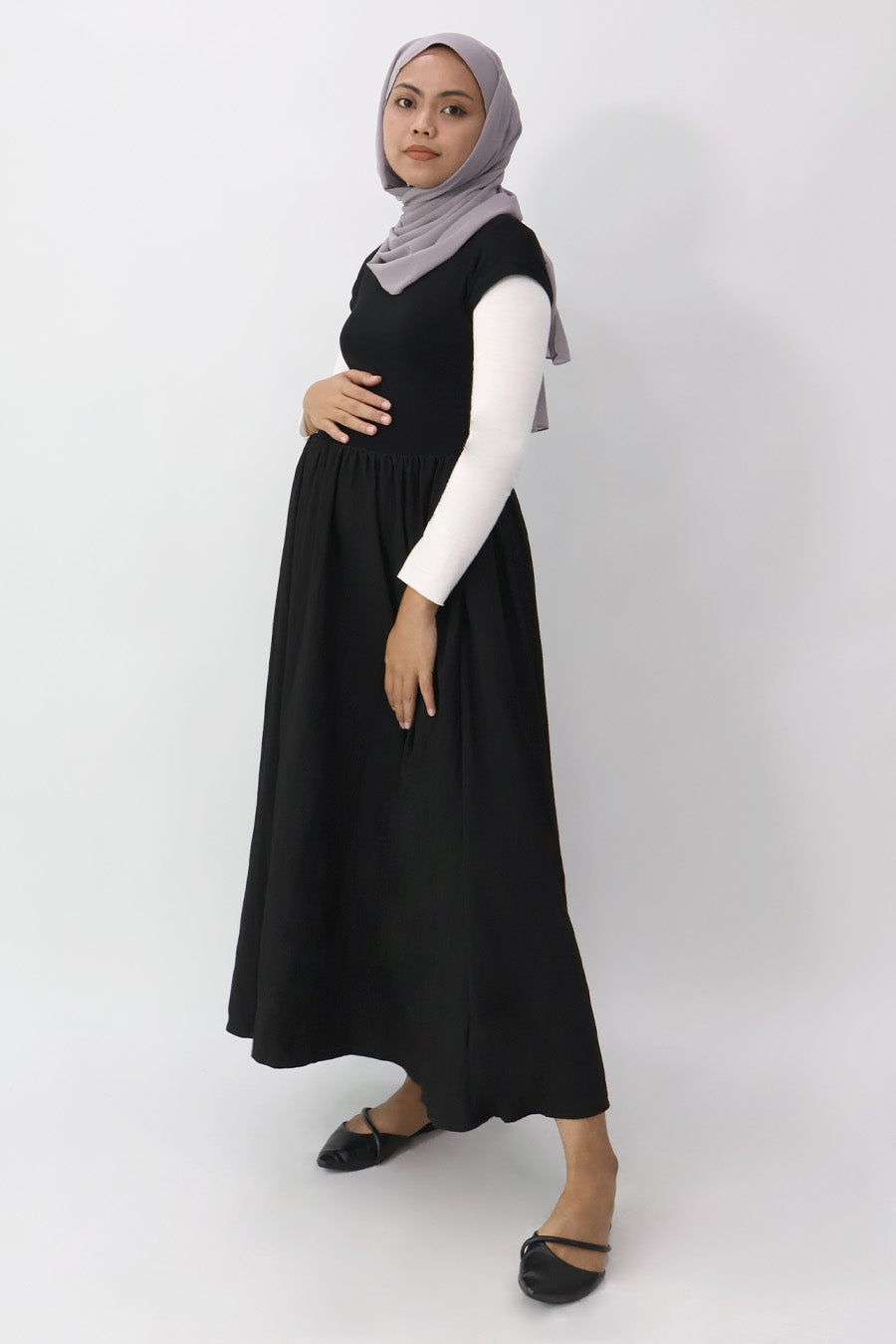 Black Gathered Waist Long Dress