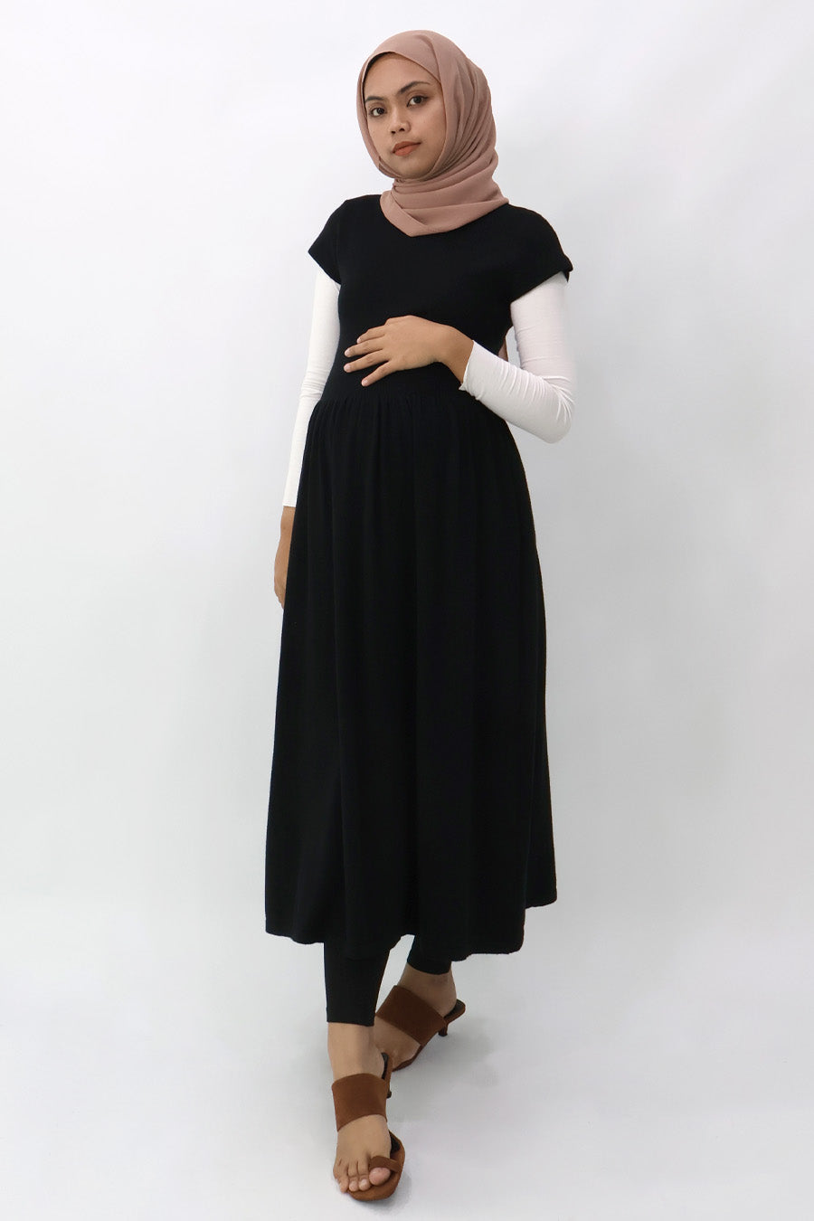 Black Belted Gathered Knit Dress