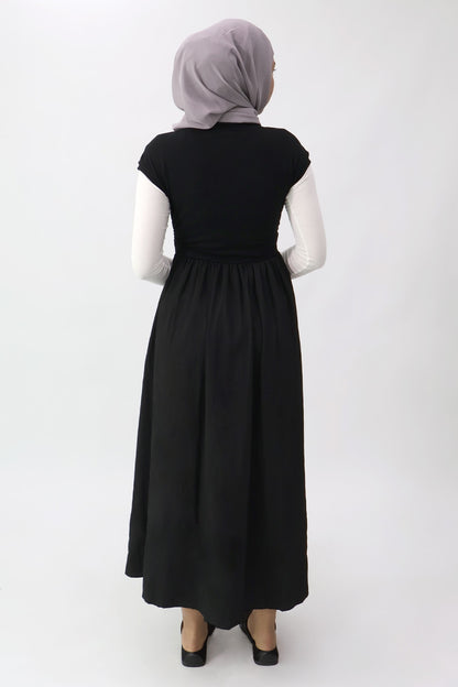 Black Gathered Waist Long Dress