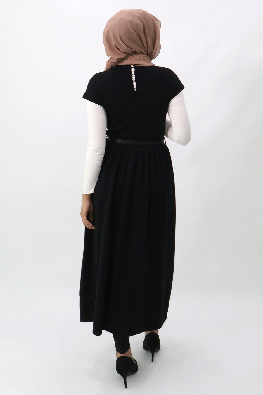 Black Belted Gathered Knit Dress