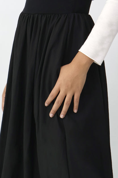 Black Gathered Waist Long Dress