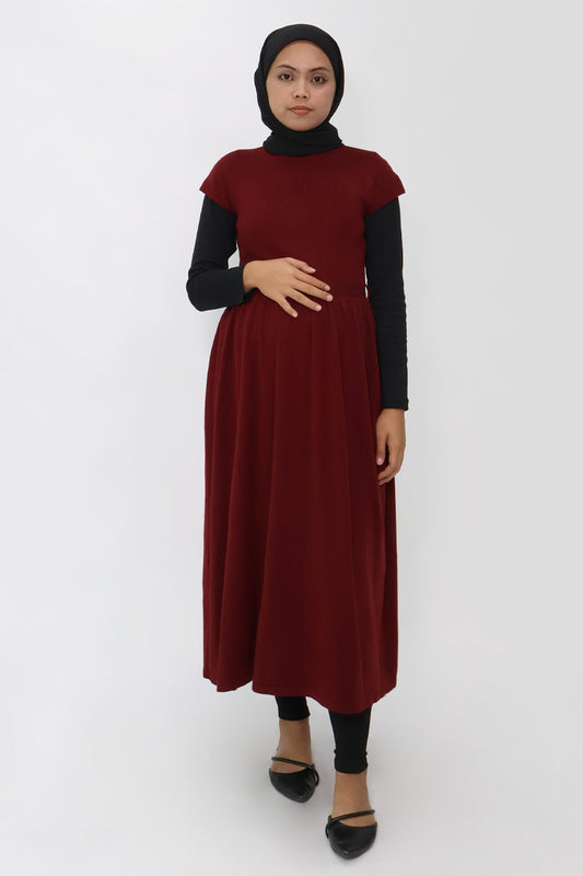 Maroon Belted Gathered Knit Dress